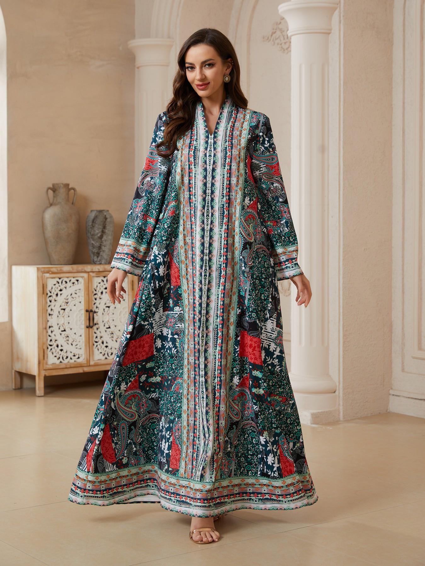 Middle Eastern Ramadan Eid Abaya, Ink Colorblock Cashmere Flower Long Robe, Dubai Style Luxury Kaftan Evening Gown