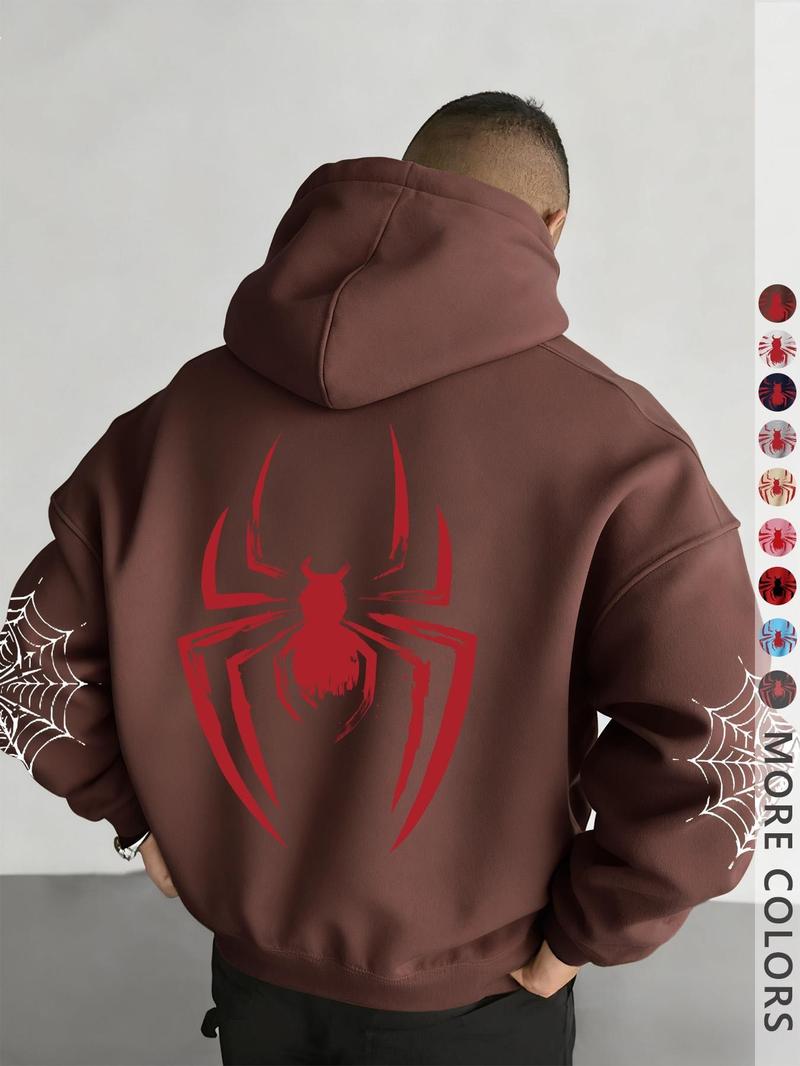 Unisex design, autumn and winter street style hooded sweatshirt with a spider pattern print, featuring cord fasteners and kangaroo pocket design. Perfect for everyday outings; comfortable fabric; stylish for the streets, versatile, trendy, suitable for ca