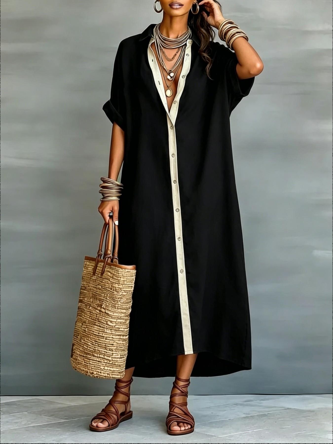 Women's Casual Colorblock Collared Button Front Long Dress, Boho Bohemian Lazy Style Short Sleeve Sun Protection Shirt Dress for Summer Vacation Boho Beach Sundress