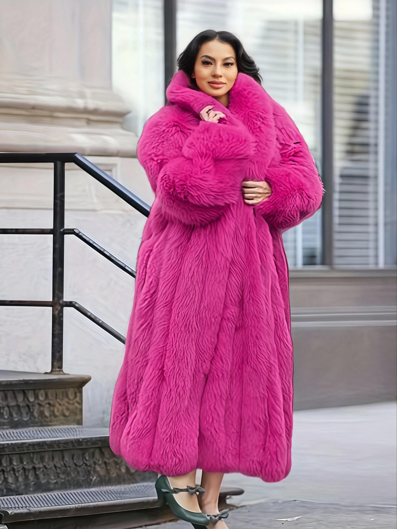 [Plus Size]Women's Faux Fur Coat, Comfortable Casual Party Jacket, Fashion Luxury Trendy Fall Winter, Soft Long Sleeve Pocket Medium Length, Outerwear
