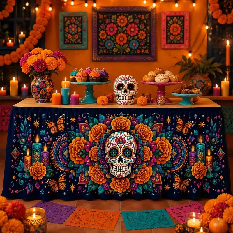 Polyester Tablecloth with Floral Sugar Skull Monarch Butterfly Print, Mexican Festival Decor, Bar Buffet Cultural Event Decoration, Fiesta Party Decorations