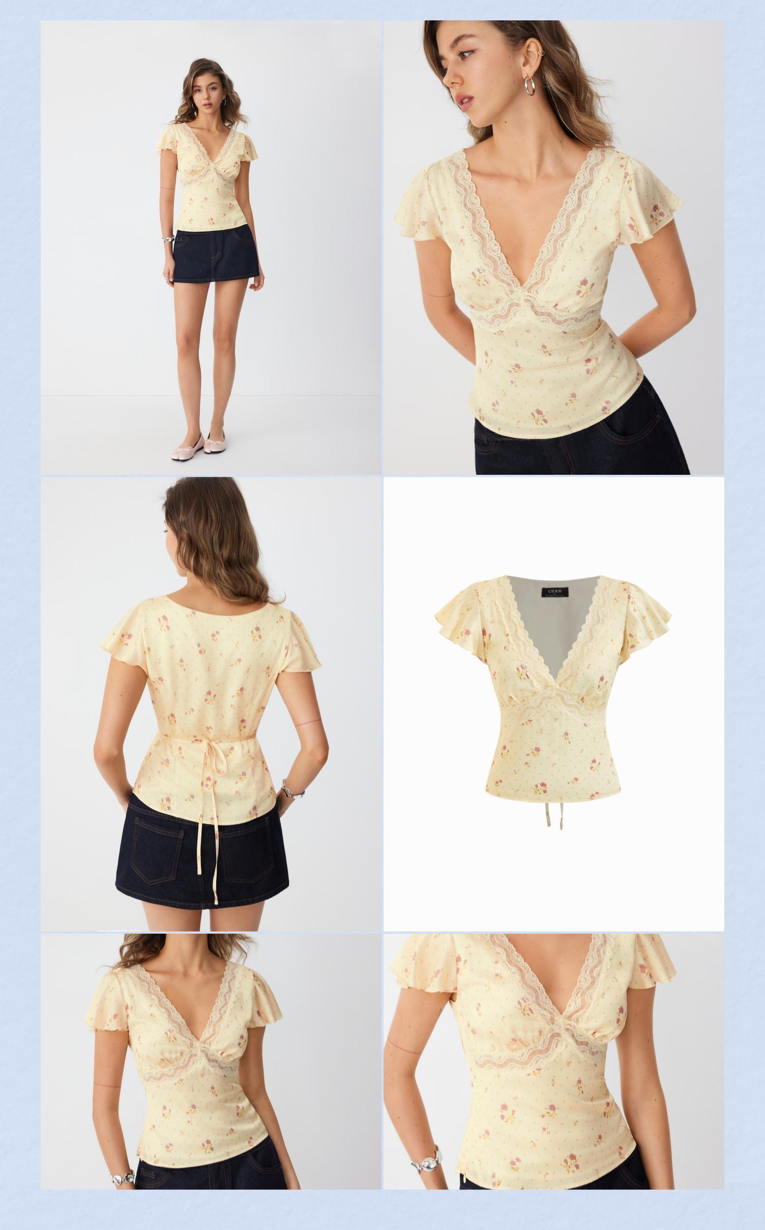 Cider Satin Floral V-neck Ruffle Sleeve Lace Trim Blouse