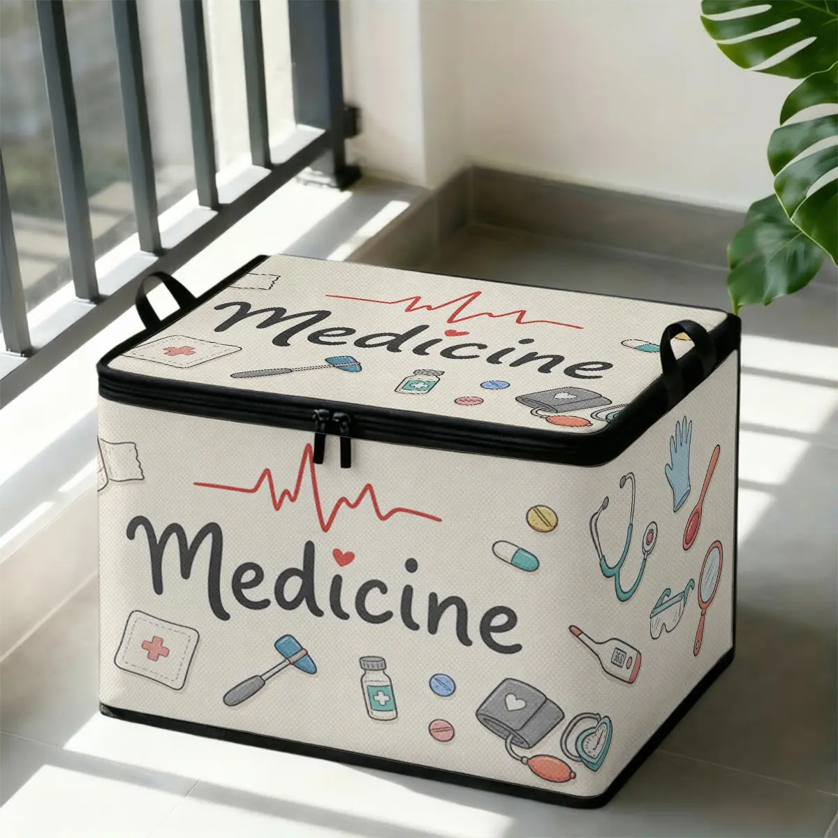 Adorable Medical Equipment Pattern Fabric Storage Box, Foldable Large Capacity, Dust-Proof with Handle and Zipper, Ideal for Home Organization, Dustproof Storage Boxes