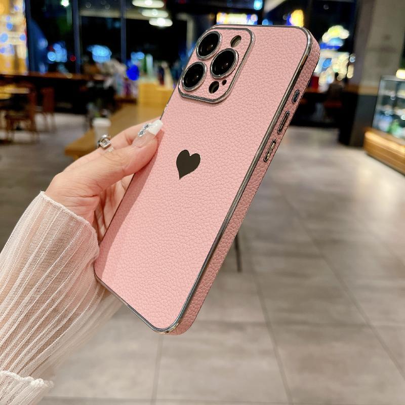 Luxury Solid Color Leather Plating Border Love Logo Phone Case For iPhone 16 Pro Max 14 11 12 13 15 Pro Max Bumper Back Cover