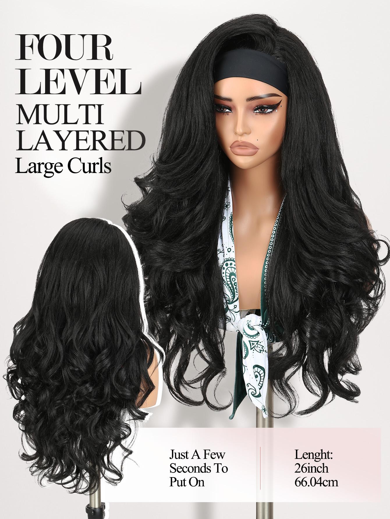 Yaki Body Wave Headband Wig for Women, Synthetic Fiber Wigs Curly Wavy 26 Inch Long Kinky Straight, Glueless Lightweight, Heat Resistant, Daily Use