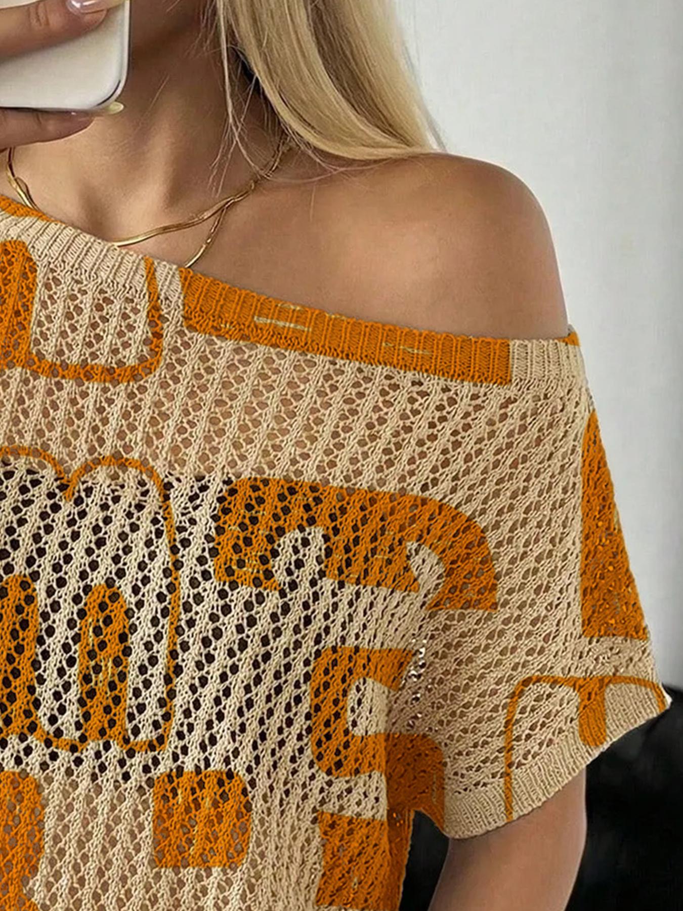 Spring Summer Women's Beach Vacation Style Asymmetrical Neck Shoulder Reveal Batwing Sleeve Semi-Transparent Lace Knit Top, Printed Knitwear