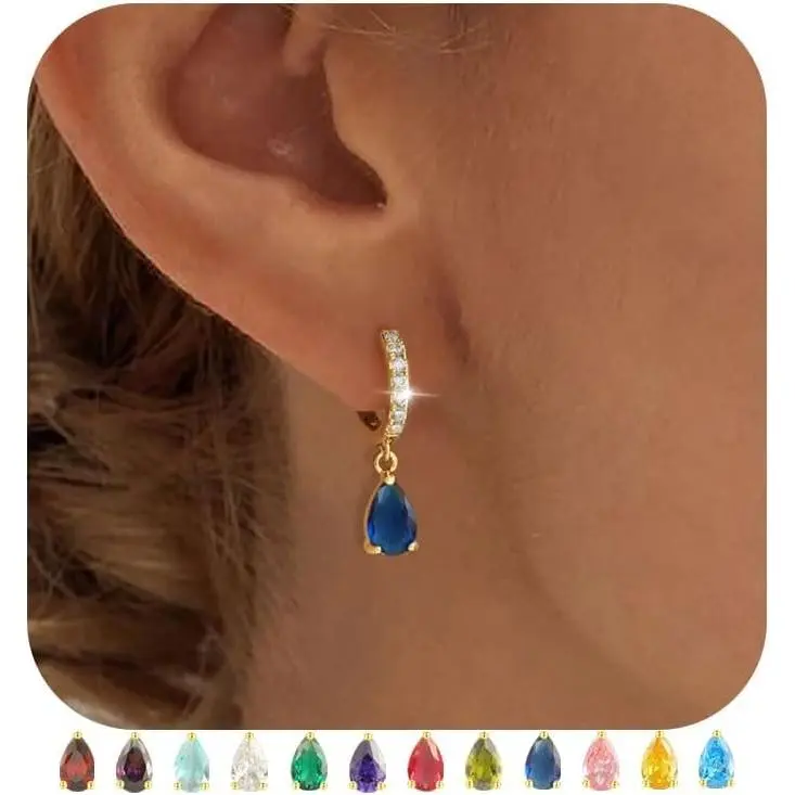 Dangle Earrings for Women Trendy 14K Gold Plated Hypoallergenic Drop Hoop Earrings Dainty Diamond Green Emerald Birthstone Huggie Earrings for Birthday Gifts