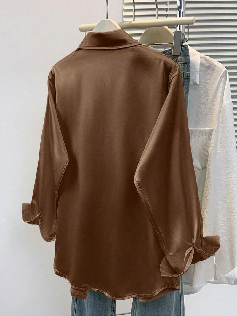 Women's solid color satin button-down long-sleeved casual shirt, made of fashionable silk fabric, suitable for casual office wear and commuting, and appropriate for both spring and autumn.
