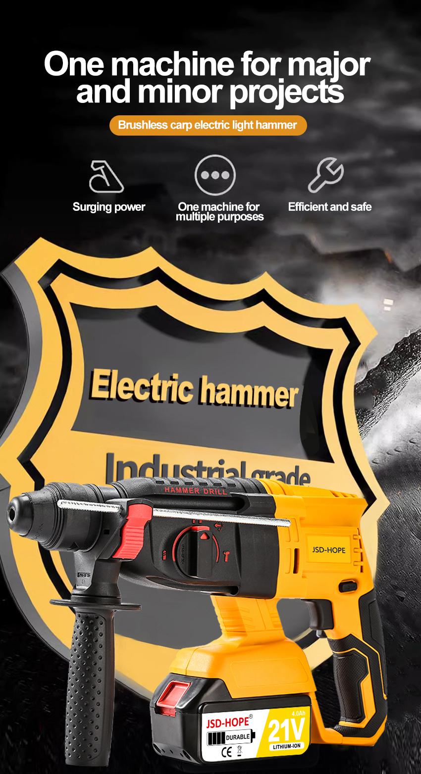 21V Electric Hammer Drill with 6/8/10/12 Chisel Bit, 360°C Swiveling Front Handle, Electric Hammer for Concrete Breaking