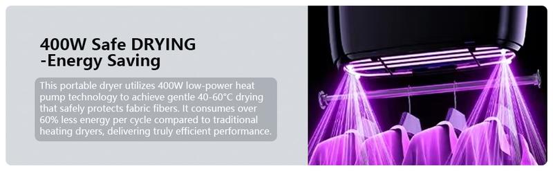 Portable Dryer Mini Dryer Features an adjustable timer and wrinkle-free heating function to quickly dry large quantities of clothes and shoes. Ideal for home, apartment, business trips, and travel use.