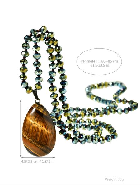 Vintage Tiger Eye Teardrop Natural Stone Pendant Long Necklace, Handmade Knotted Crystal Beaded Chain, Sparkling Luxury Gift for Special Occasions, Boho Chic Crystal