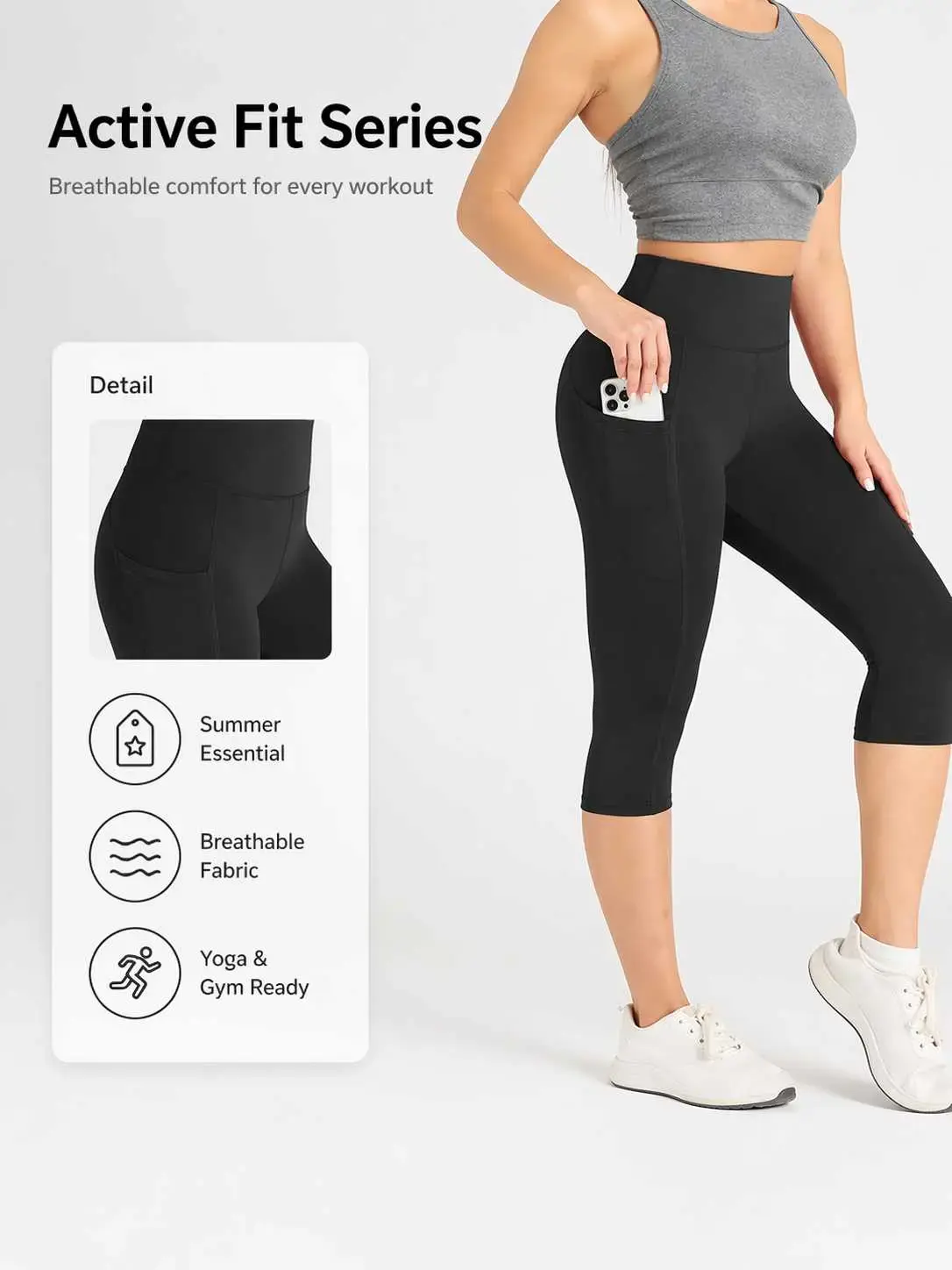 Women's Solid High Waist Sports Capri Leggings, Casual Comfy Breathable Skinny Pants for Yoga Gym Workout Running, Ladies Sportswear for Summer, Solid Pocket Leggings, Activewear Bottoms, High Waisted Pocket Legging