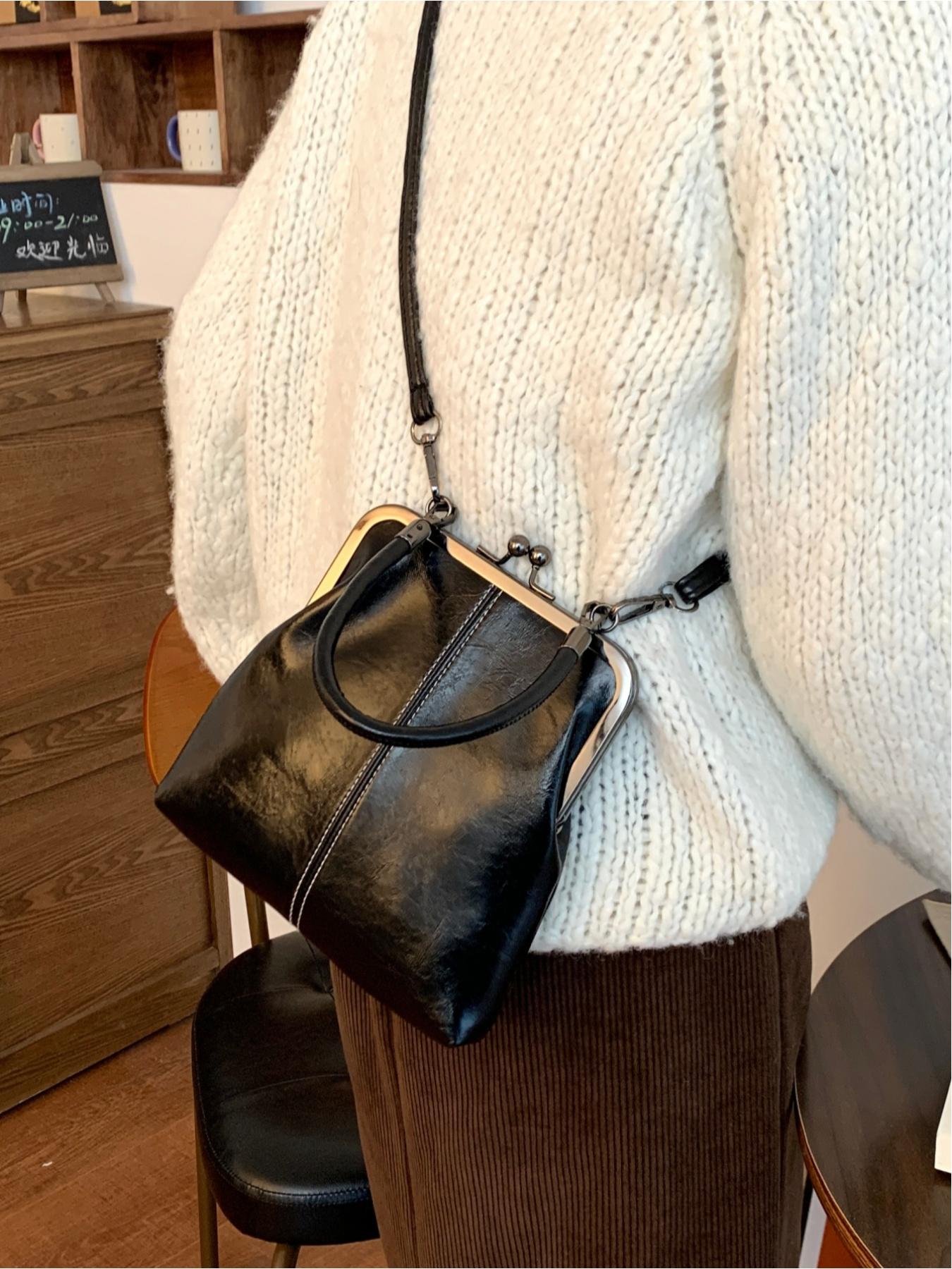European and American style retro clasp purse, high-end waxed leather crossbody bag, niche design, suitable for parties, dinners, shopping, commuting, and everyday accessories, Lightweight Crossbody Bag, Fashionable Unique Bags