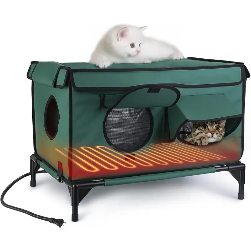 CutiePawsome Outdoor Waterproof Insulated Pet Outdoor House with Waterproof Cloth, Climate Control Heating Pad, Anti-Chew Cord, 2 Doors, 3 Windows for Cats-5541