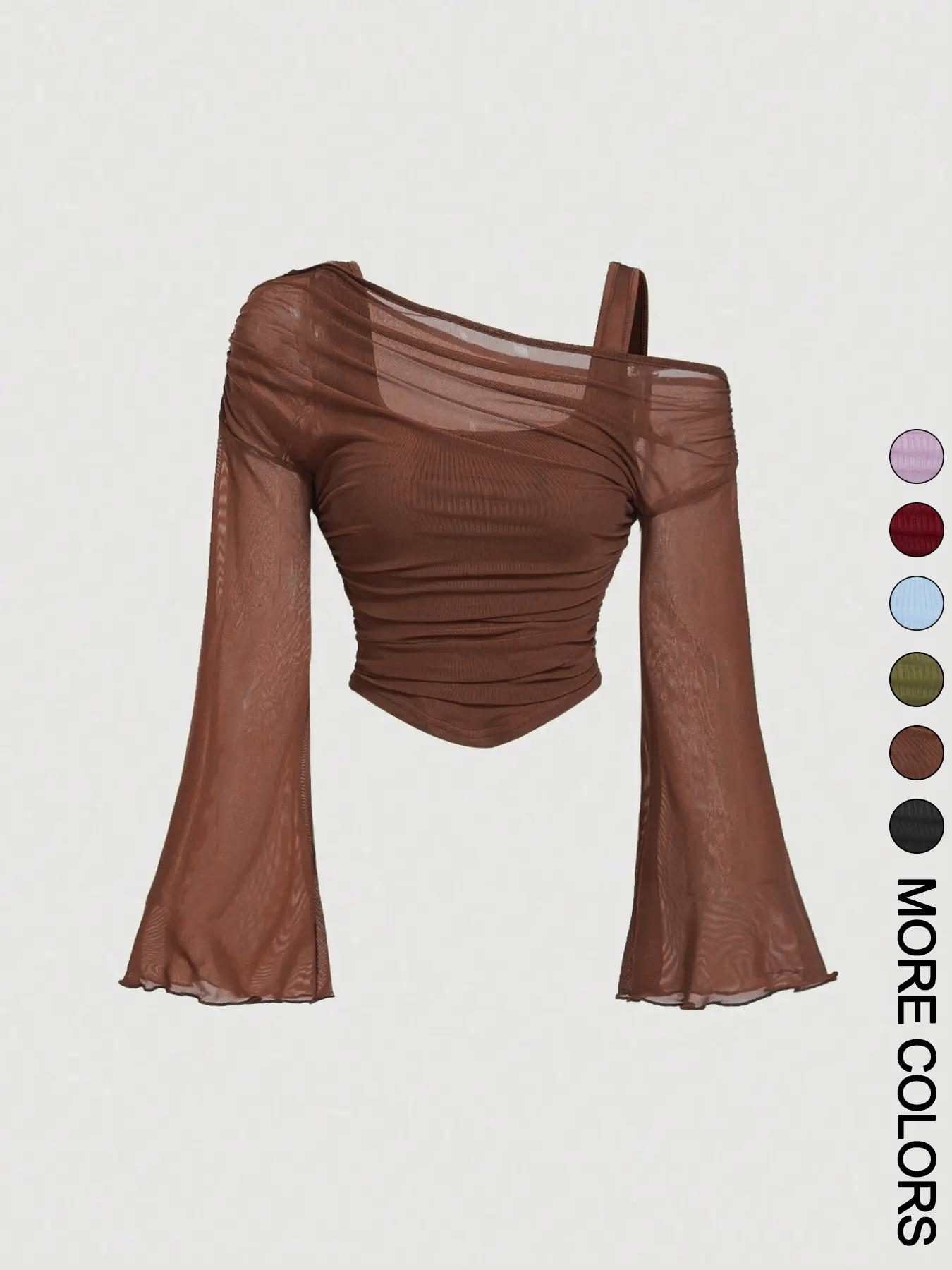 Women's Drop Shoulder Slim Fit Casual Knit T-Shirt, Fashionable Comfortable Autumn Top, Stylish Ladies' Everyday Clothing for Daily Wear