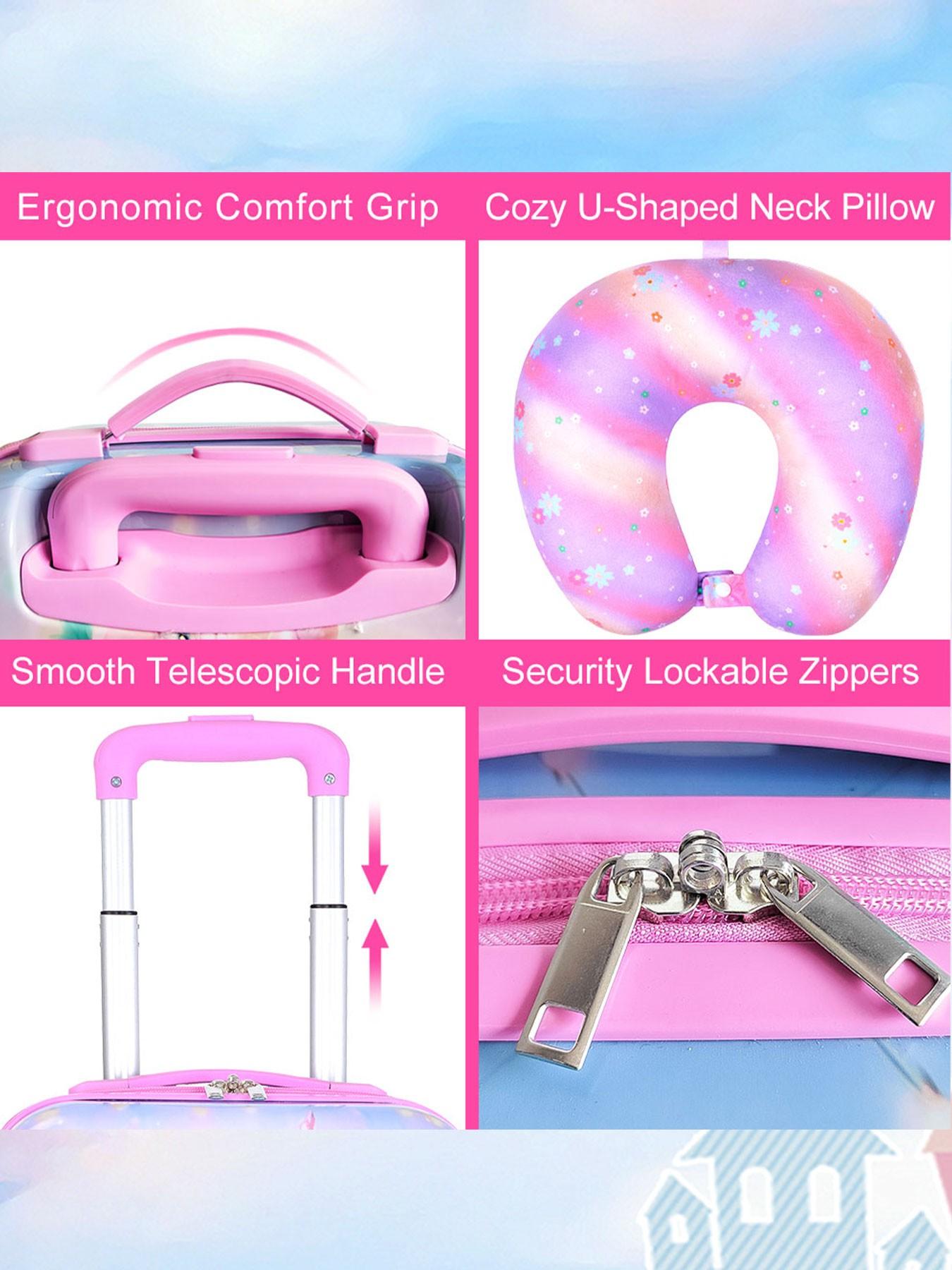 1 Set Kids Luggage Set, Cute Princess & Unicorn Print Hard Shell Suitcase with U-Shaped Neck Pillow, Lightweight Rolling Carry On Luggage for Girls, Travel Trolley Case for School Trip, Vacation, Airplane