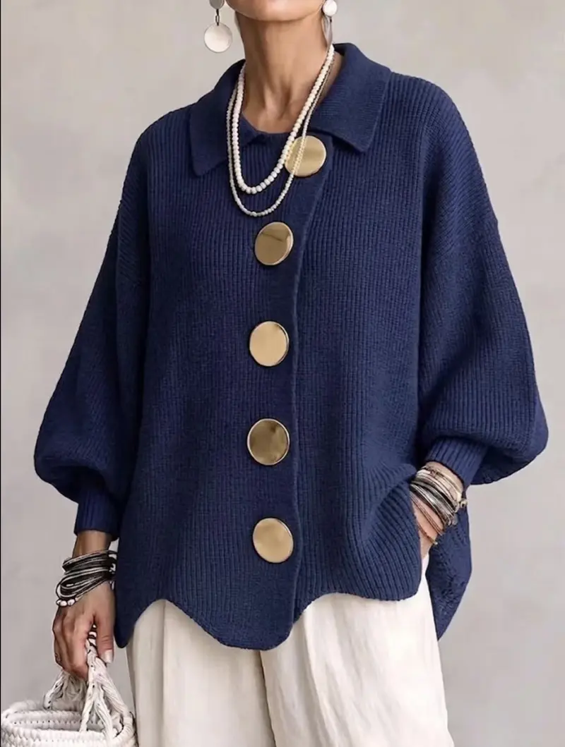 Women's French lapel knit cardigan with big metal buttons – image 4