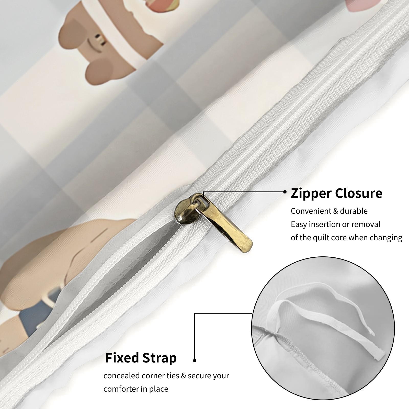 3-Piece Korean-Style Cute Cartoon Bear Checkered Duvet Cover Set, Perfect for Teenage Boys. Ultra-Soft Bedding, Fits a Double Bed. Full Queen-Size Duvet Cover Set (Filling Not Included)