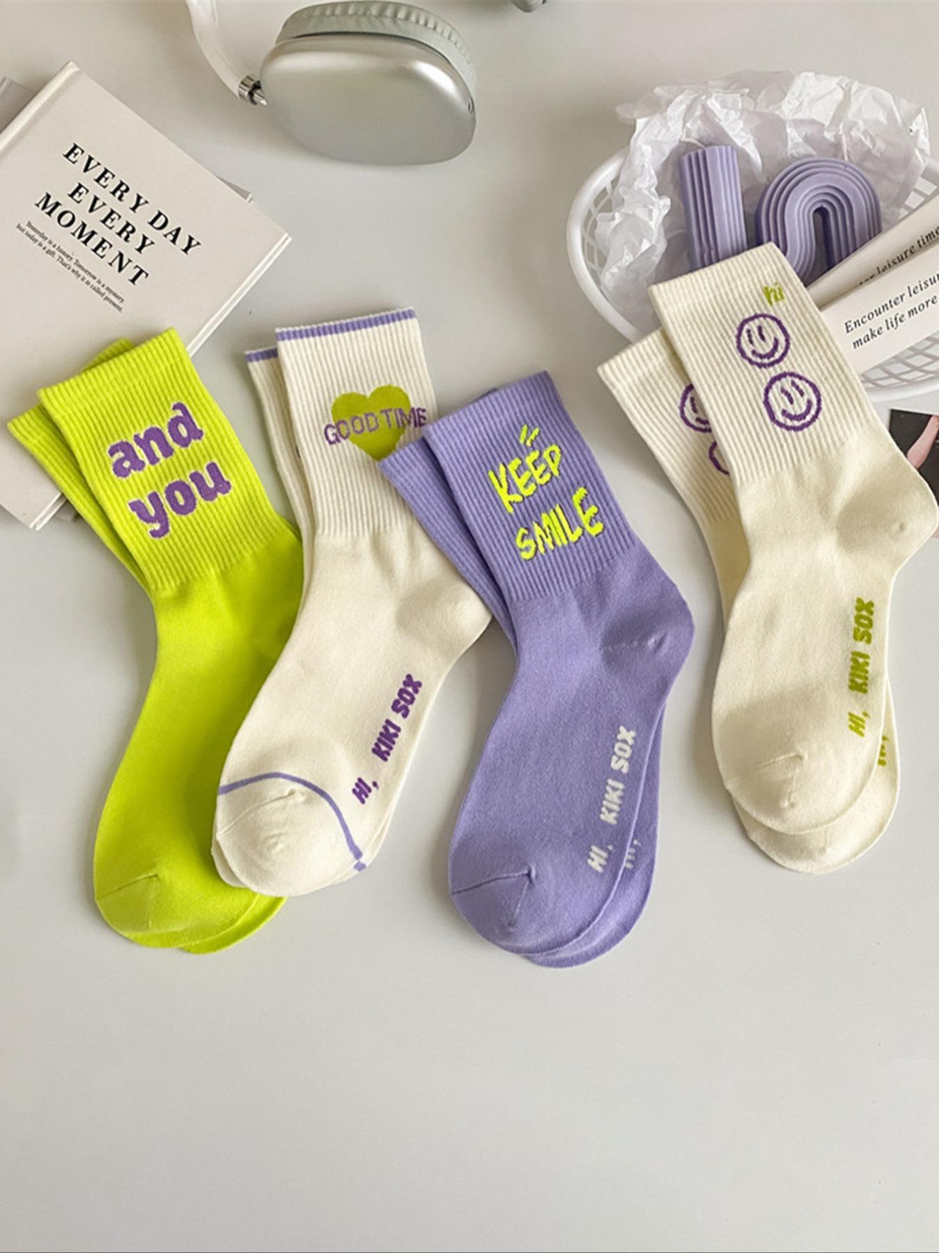 Women's Casual Letter Pattern Street Style Mid-Calf Socks, 4 Pairs, Perfect for Daily Wear, Trendy and Unique Design