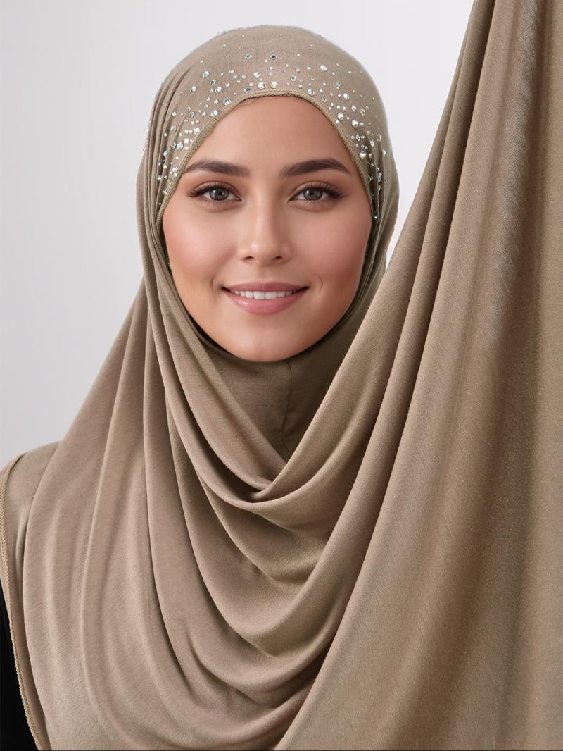 Women's Solid Color Rhinestone Decor Khimar, Modest Hijab, Modest Fashionable Headscarf for Daily Wear, Casual Soft Comfortable Headscarf for Women