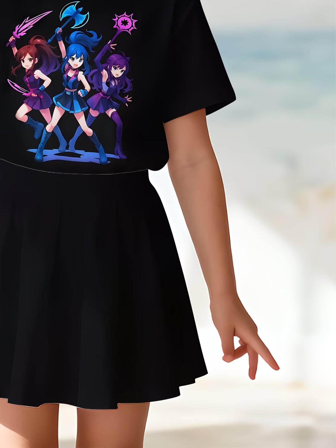 Girls' 3D Cartoon Print T-Shirt and Skirt Set, Casual Slim-Fitting Summer, Round Neck Short Sleeve, Daily Wear