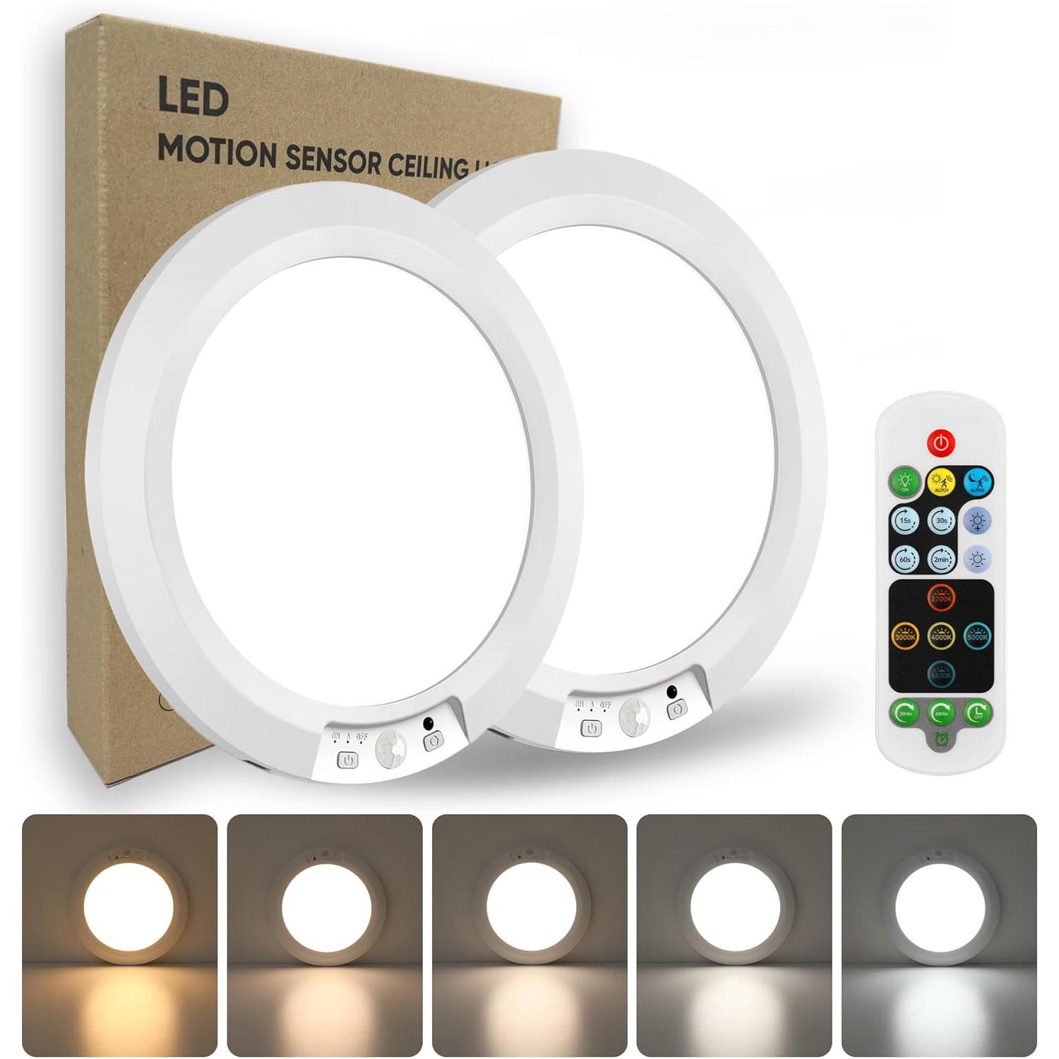 Battery Powered Ceiling Light Rechargeable Motion Sensor Lamp Indoor Wireless Shower Light with Remote Control Adjustable Lighting 3000k 4500k 6500k Adjustable Timer