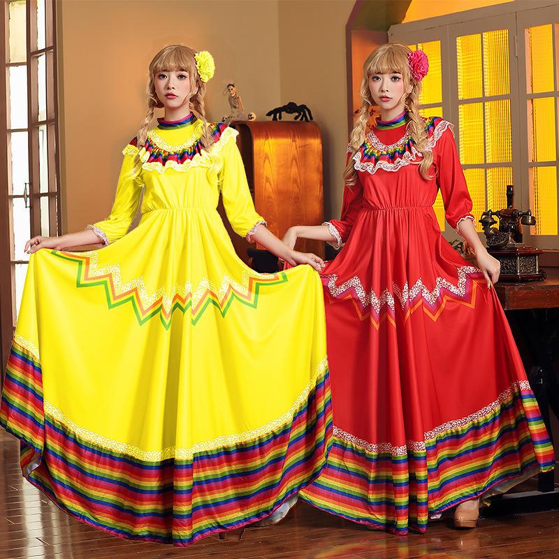 Mexican Folklorico Dress with Decorative Headdress Wide Flared Performance Skirt