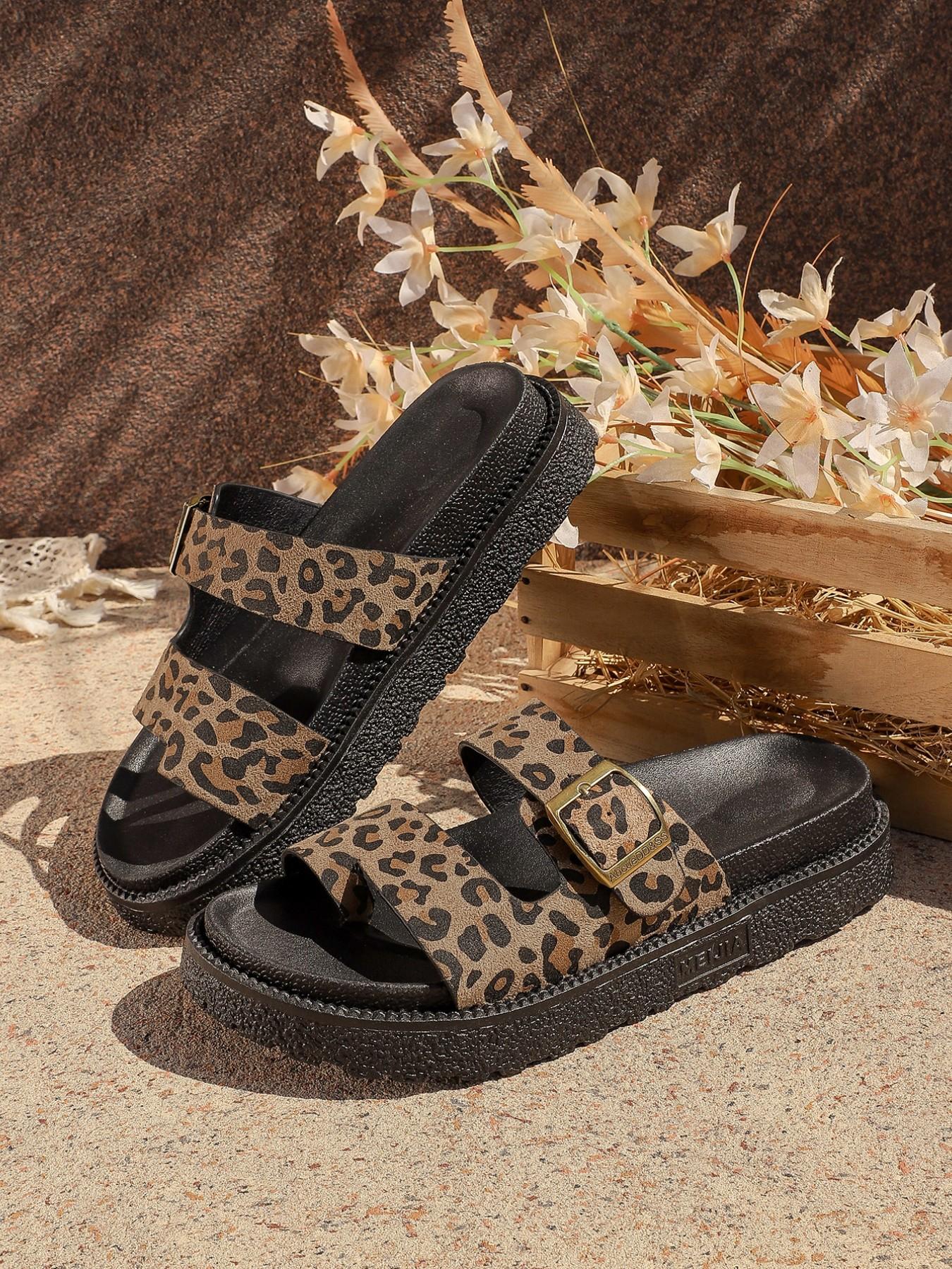 Women's Fashion Retro Leopard Print Slippers, Dual Strap Buckle Design, Thick Sole Height Increase, Soft Comfortable, Versatile Streetwear