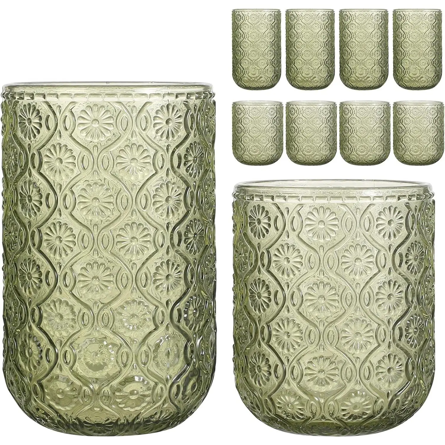 Thick Embossed Art Deco Green Glassware Set - 8 Pieces: 4 x 14oz Highball Glasses, 4 x 9oz Rocks Glasses for Water, Juice