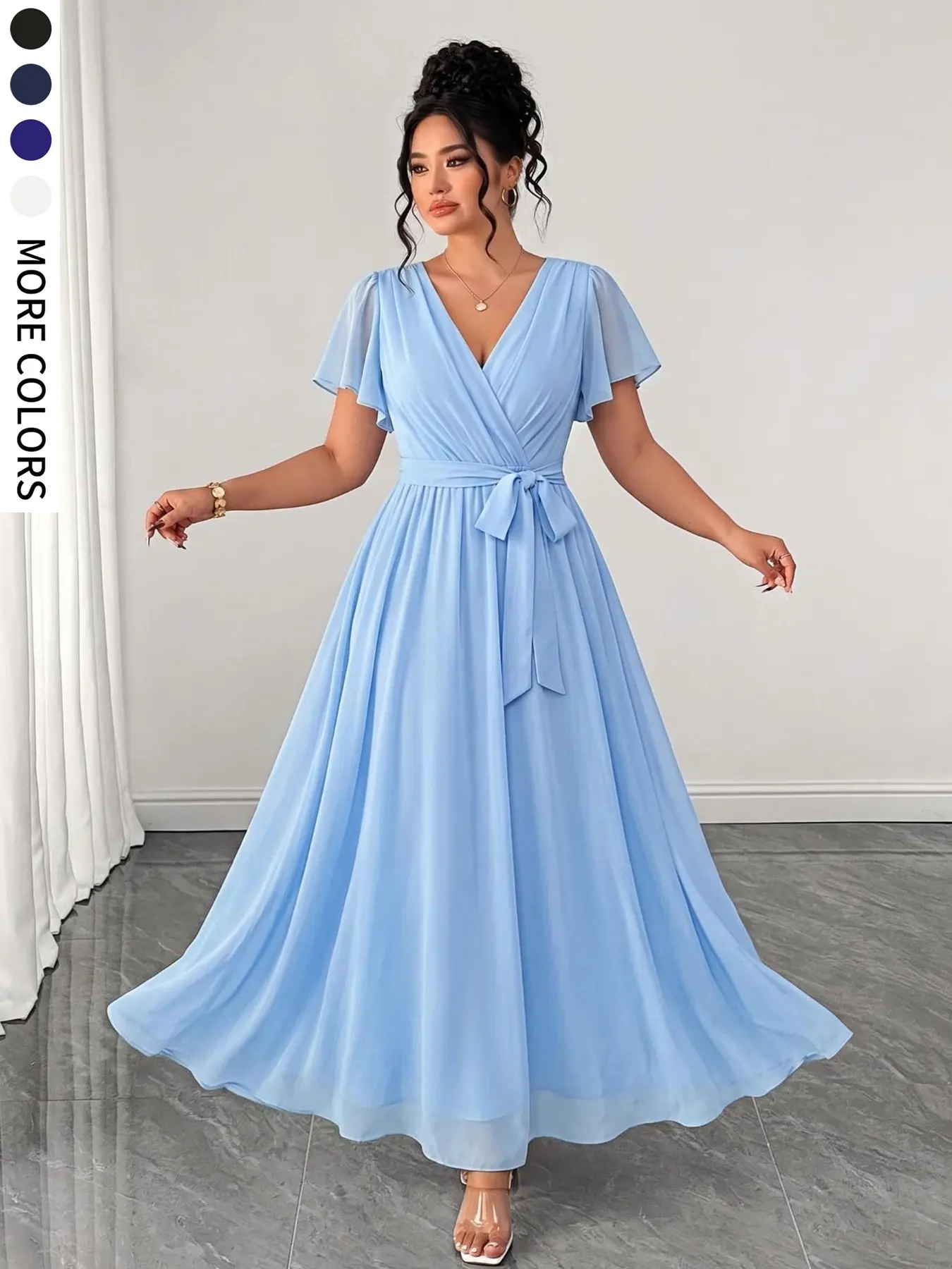 Plus Size Women's Solid A-Line Dress, Ruffle Sleeve Lightweight Flowy, Tie Waist Accentuate Curves, Elegant for Parties, Dates, Weddings