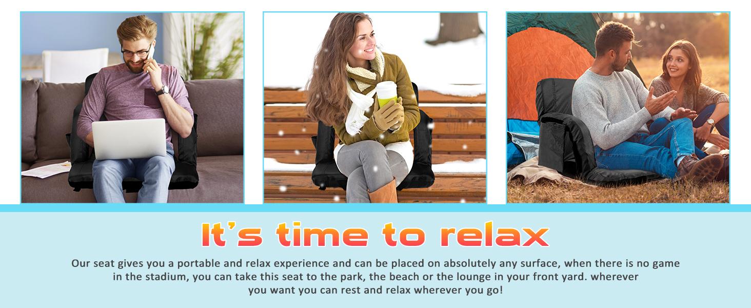 Lilypelle 2 Pcs Heated Massage Stadium Seats, Bleacher Seat with Back & Arm Support, 3 Levels of Heat&Massage, 6 Reclining Positions Stadium Seating Bleacher Seats for Sports Events, Outing, Hiking（Power Bank is Not Included)