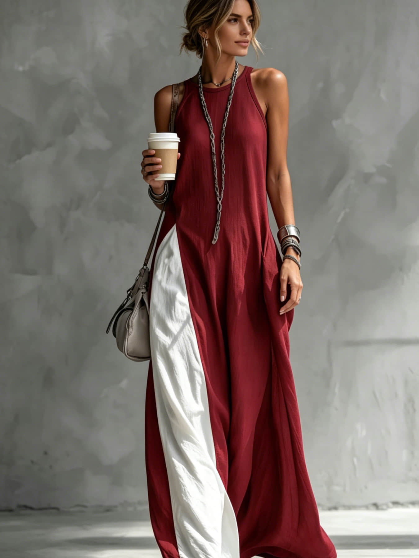 A women's color-blocking dress, Casual Beach Dress, Beach Resort Wear, with sleeveless vest, draping and flesh-concealing long skirt, suitable for summer, beach vacation, exploring shops, attending exhibitions, dating, and enjoying afternoon tea