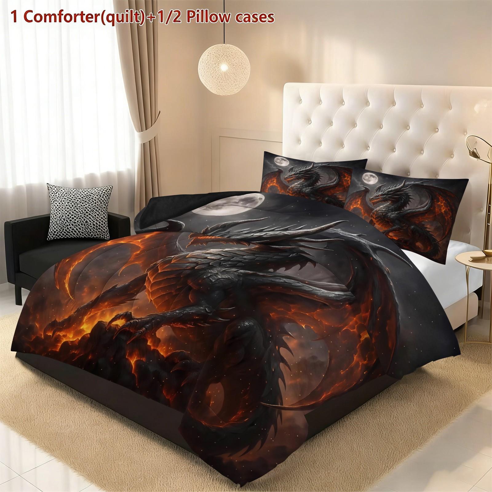 Volcano Dragon Pattern Quilt Set, Polyester Fiber Bedding, Includes 1 Quilt + 2 Pillowcases Without Core, Soft Skin Contact, Ideal for Couples