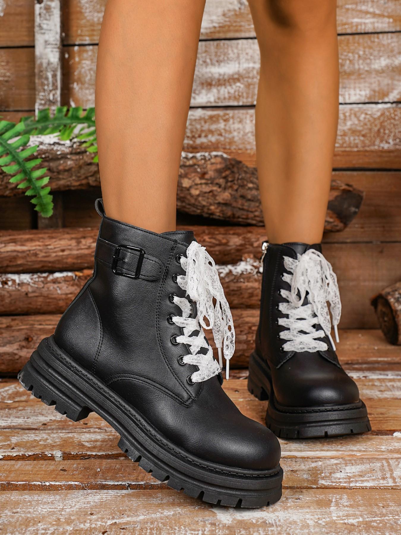 British Style Lace-Up Boots for Women, Vintage Buckle Motorcycle Boots, Slimming and Height-Increasing Short Boots, Versatile Fashion Footwear