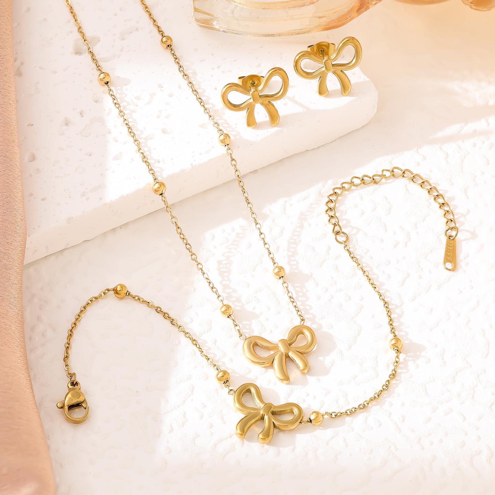 Gold Tone Bow Jewelry Set for Women, 3Pcs Dainty Bow Charm Necklace Bracelet Earrings Set, Elegant Stainless Steel Everyday Jewelry