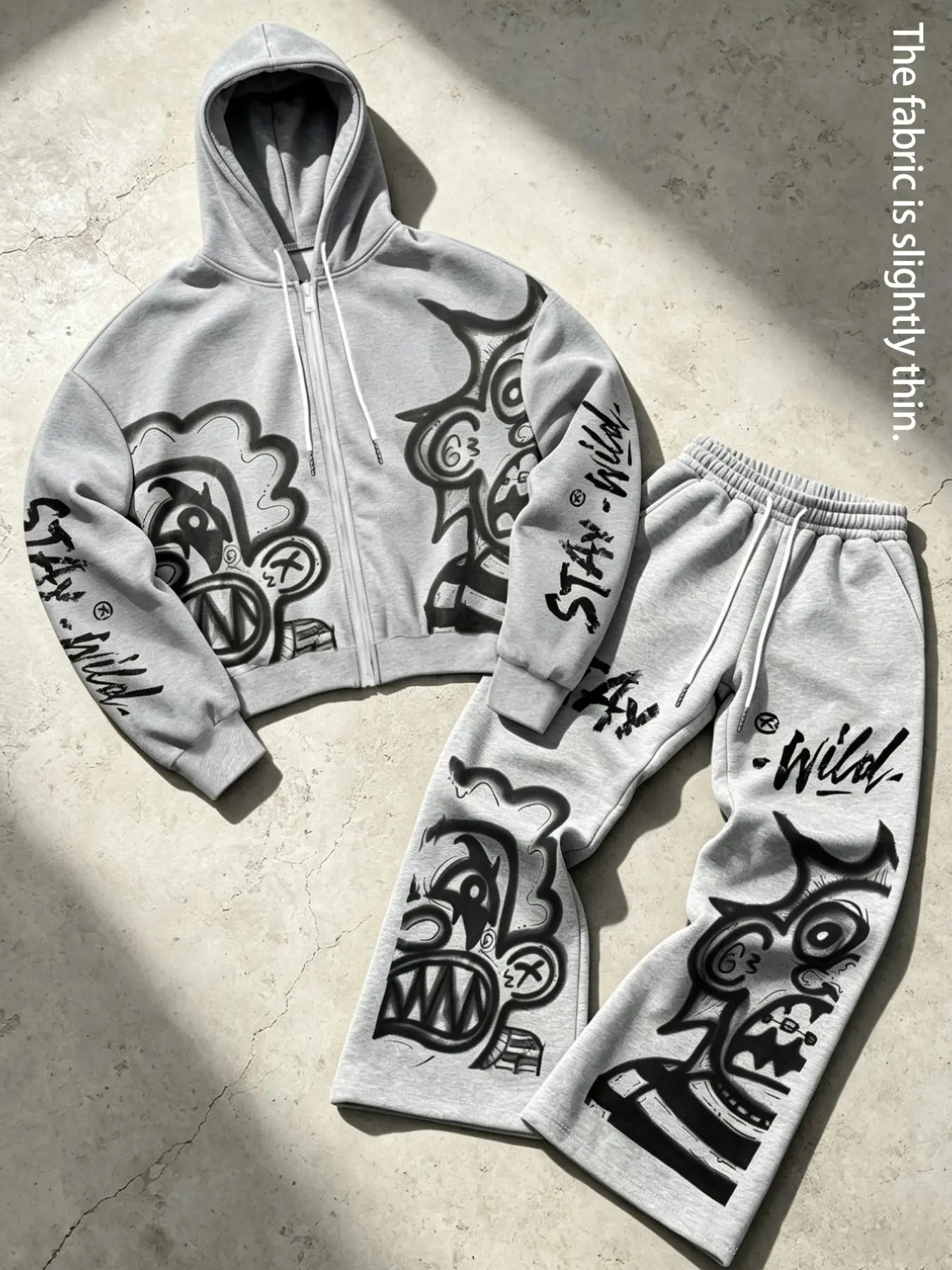 Y2K Street Style Streetwear Stay Wild Letter Graffiti Short Zipper Sweatshirt and Wide Leg Sweatpants Set for Men, Loose-Fitting Unlined Two-Piece