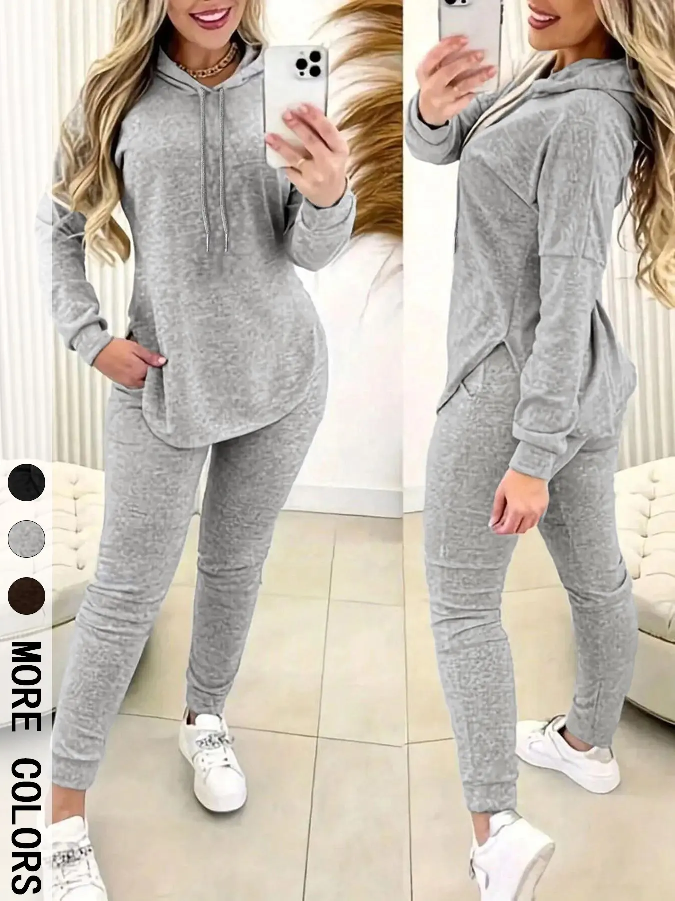 Women's Solid 2-Piece Outfit, Drawstring Hooded Long Sleeve Top & Slim Fit Casual Pants, Chic Matching Set for Daily Workout and Casual Wear, Clothing Sets