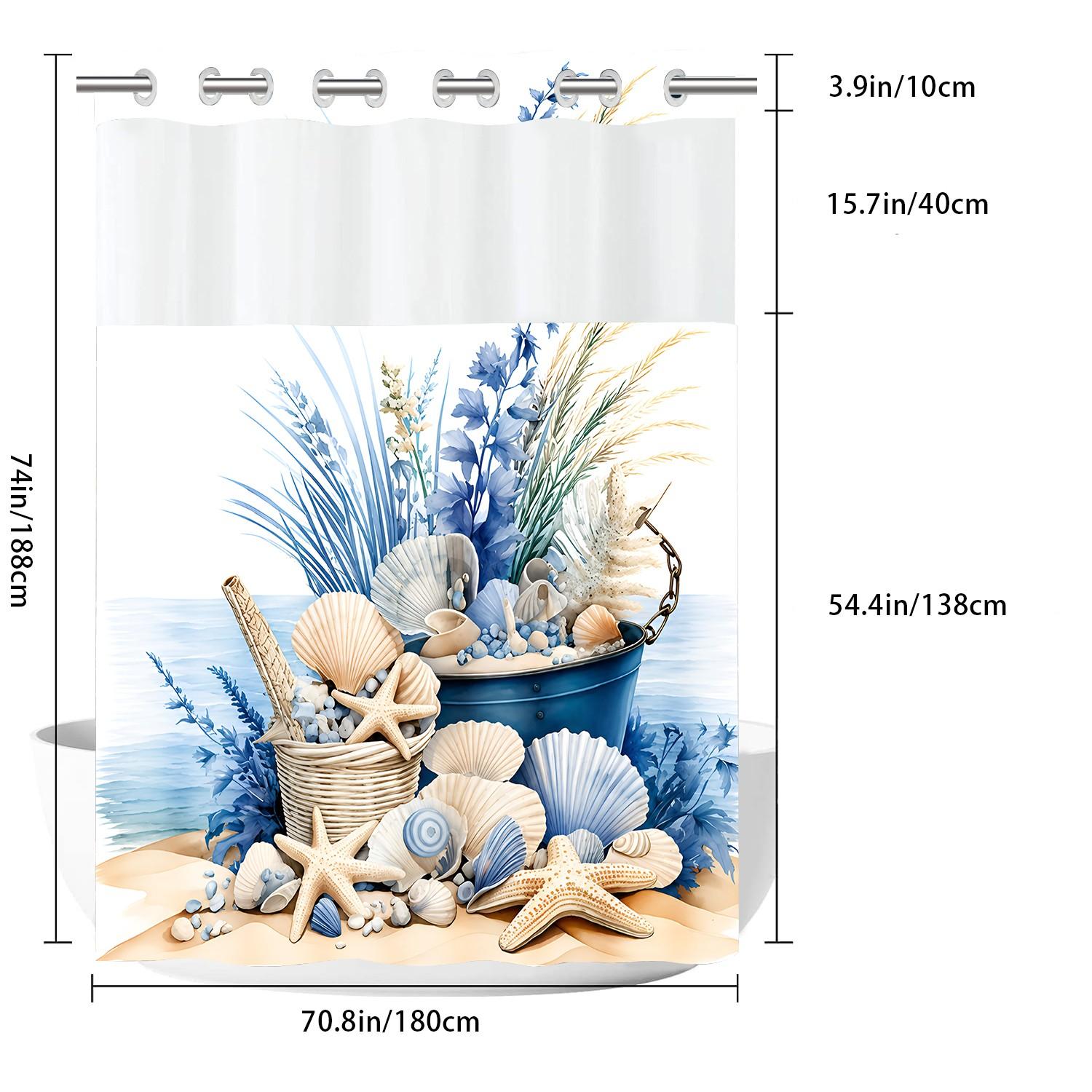 LVRLVR 1pc Coastal Nautical Blue Seashell Starfish Summer Bathroom Aesthetic Shower Curtain, Beach Watercolor Print, Sheer Top Window, Detachable Liner & No Hook C-Ring, 70.8" x 74"