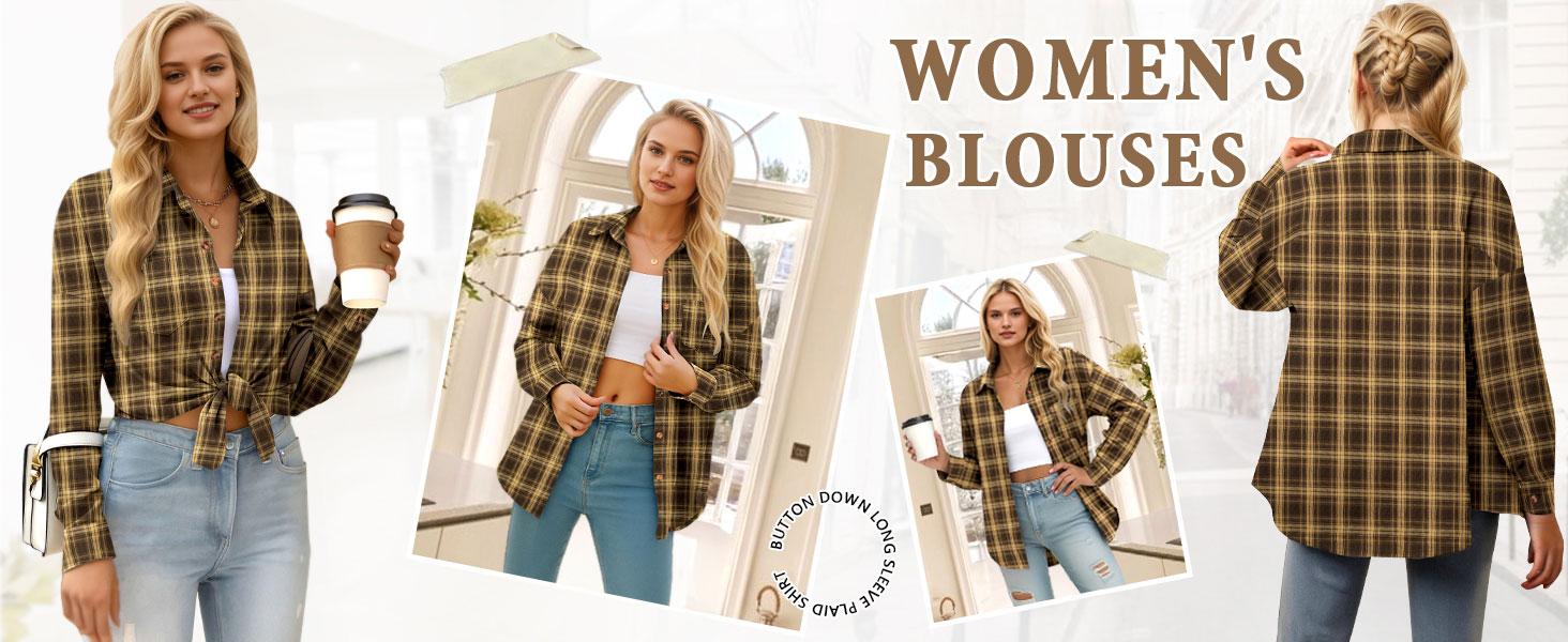 ETCYY NEW Women’s Pink Striped Plaid Flannel Shirt – Fitted Buffalo Check Button-Down Cardigan Blouse, Cute Fall Outfit & Rave Going Outfits, Long Sleeve Womenswear Top for Office, Business & Casual Wear