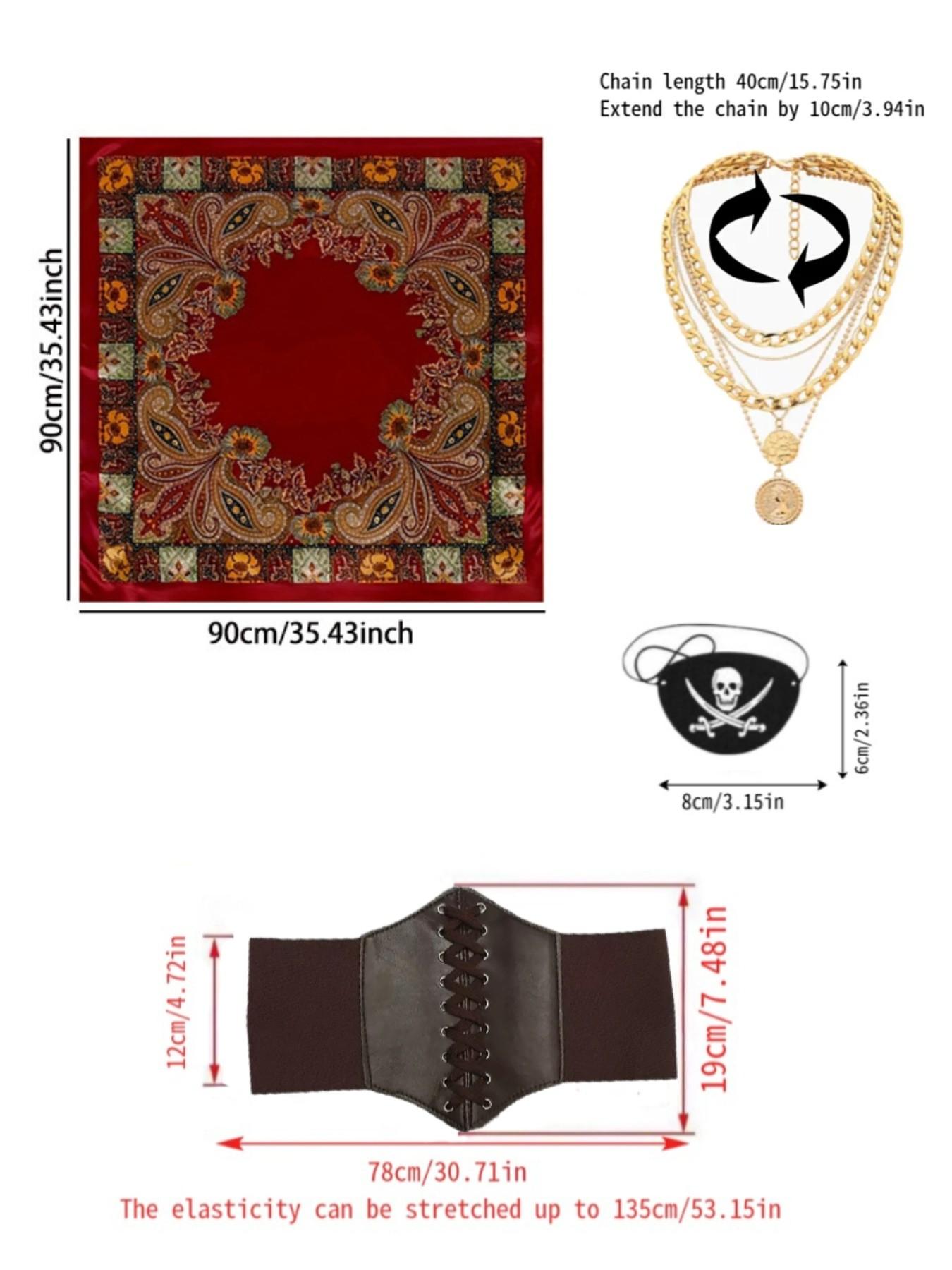 4-Piece Women's Pirate Costume Set, Halloween Party, Christmas Pirate Dress, Role Play Accessories, Headband Belt Necklace Goggles