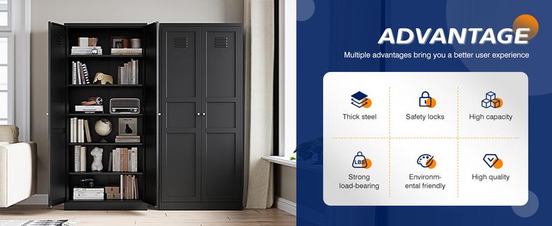 Yizosh Metal Storage Cabinet with 2 Doors & Adjustable Shelves 71" White Kitchen Pantry 5-Tier Tall Steel Locker for Kitchen Living Room Dinning Room