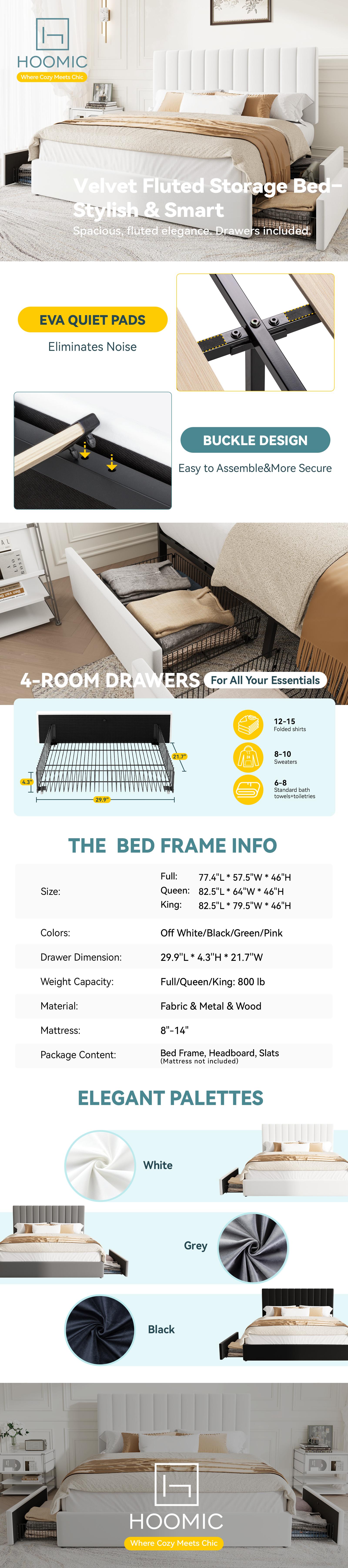 HOOMIC Platform Bed Frame with 4 Storage Drawers and Upholstered Headboard,Modern Bed with Horizontal/Vertical Stripes,No Box Spring Needed,Full/Queen/King Size,White/Grey/Black,#TikTokShopfalldealsforyou