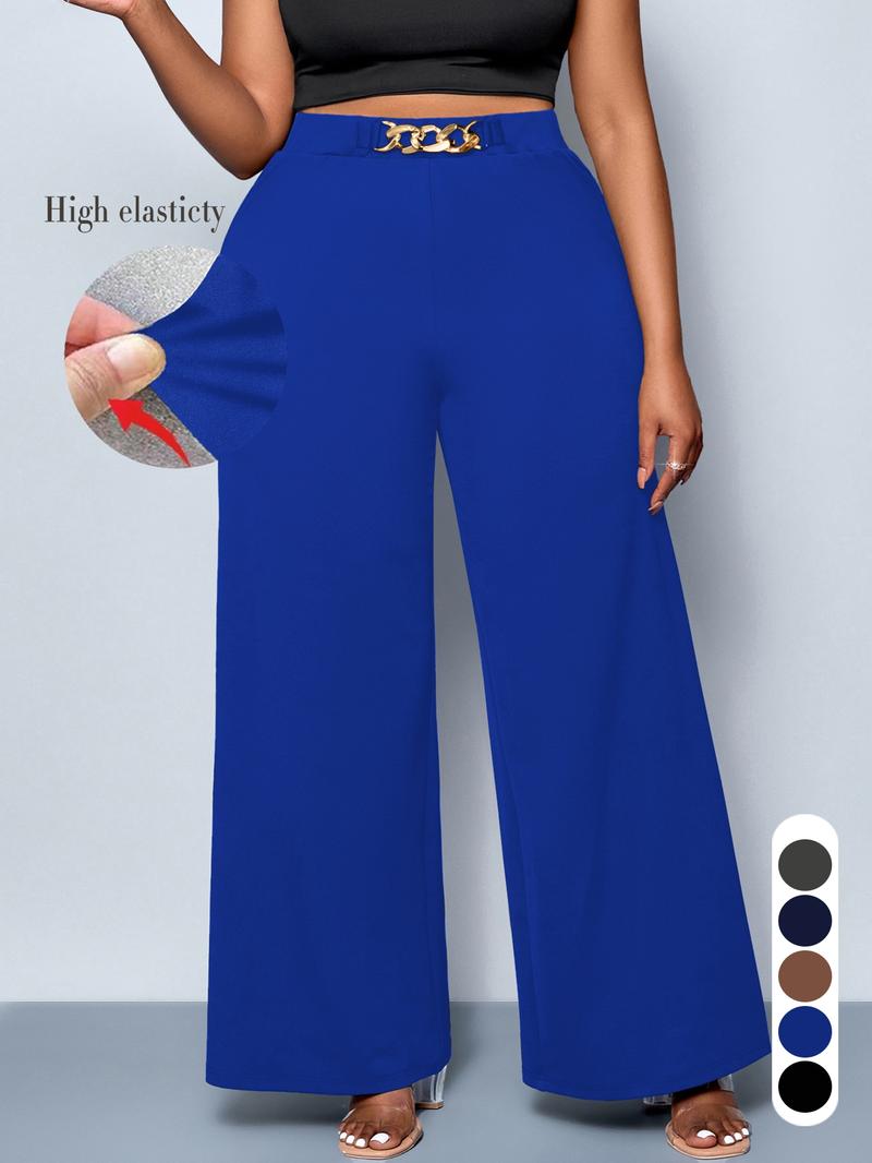 Women's Plus Size Casual Plain Wide Leg Pants, Long Fitted Kint Fabric, All Season Comfortable Clothing for Daily Wear & Travel