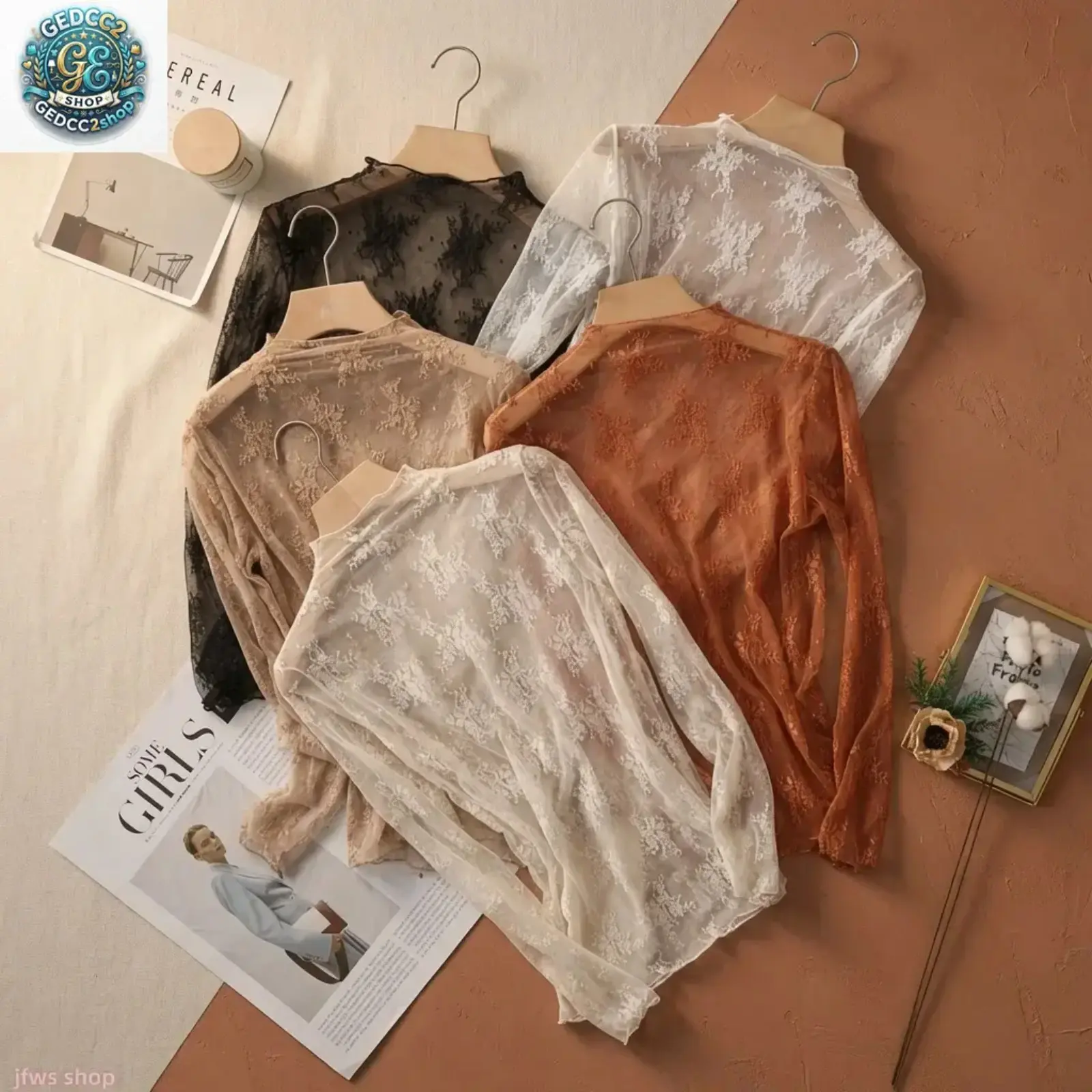 Women's 5-Pack Lace Mesh Full Length Tops, Slim Fit Sheer Layering Shirts with Stretchy Fabric & Mesh Pattern, Round Neck Lightweight Blouses for Spring Fall Daily Wear