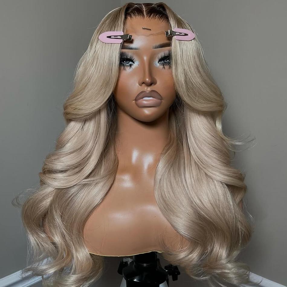 Ombre Ash Blonde Body Wave Lace Frontal Wig Virgin Human Hair Wig 13X6 HD Transparent Lace With Elastic Strap 180% Density Highlight Ash Blonde Milk Tea Colored Wig Natural Hairline For Woman