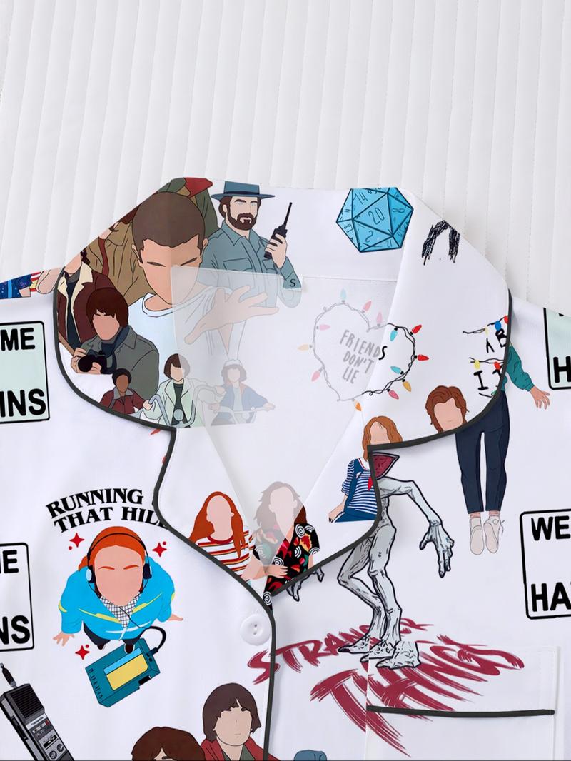 Women's Sleepwear Set, Short Sleeve Button-Down Soft Top & Elastic Shorts, Casual Comfortable Home Wear for Daily Use