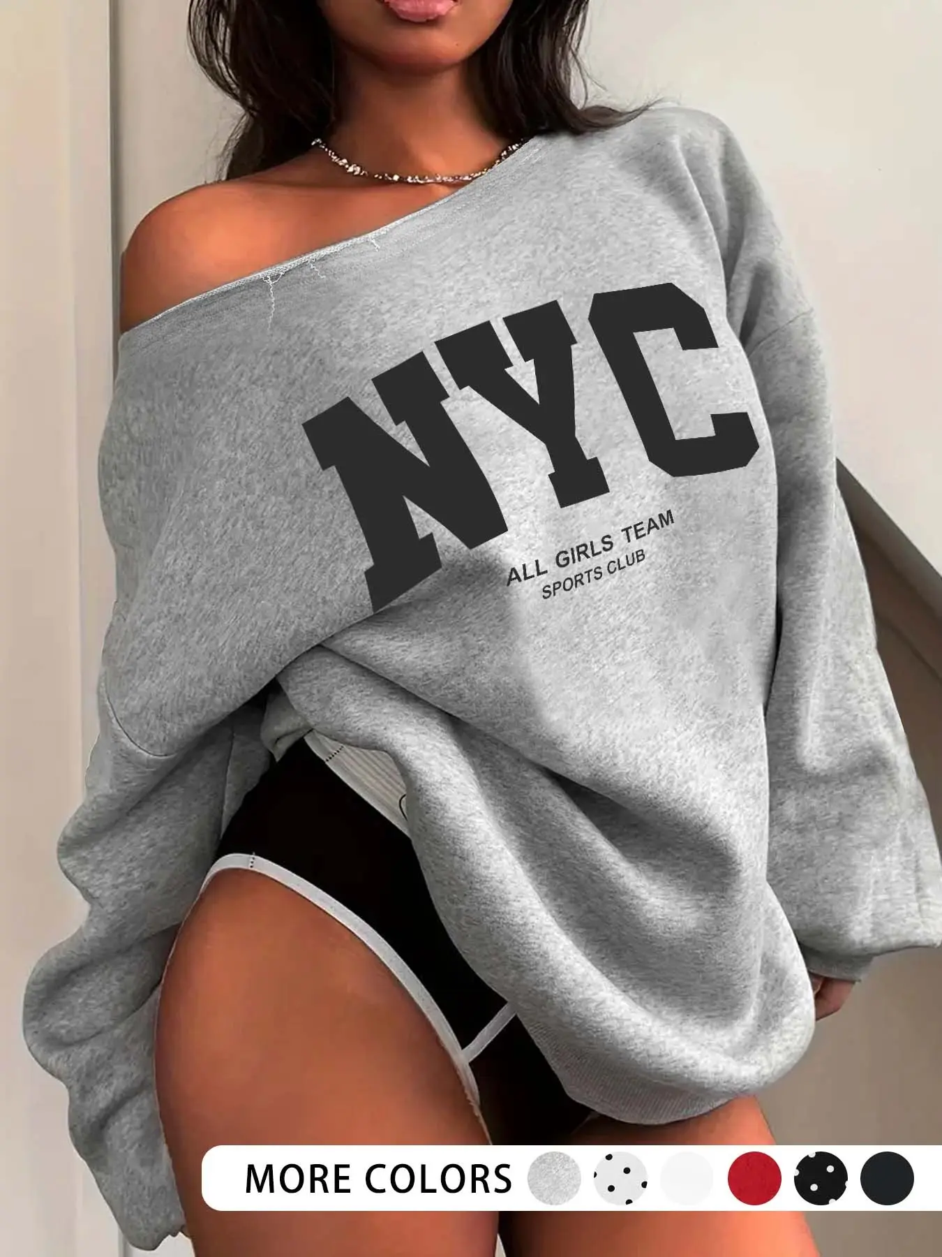 Women's Off-Shoulder Oversized Long Sleeve Sweatshirt, NYC Letter Print Casual Pullover Top, Suitable for Daily Street, Dating, Outings and Other Scenes in Fall