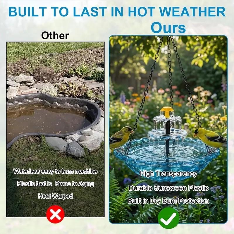 2026 Solar Cascade Hanging Bird Bath Fountain, a three-tier outdoor water feature for hummingbirds, easy to clean, Easy installation, with a 9.3-inch glass basin, equipped with a solar pump, attracting wild birds to the garden and terrace