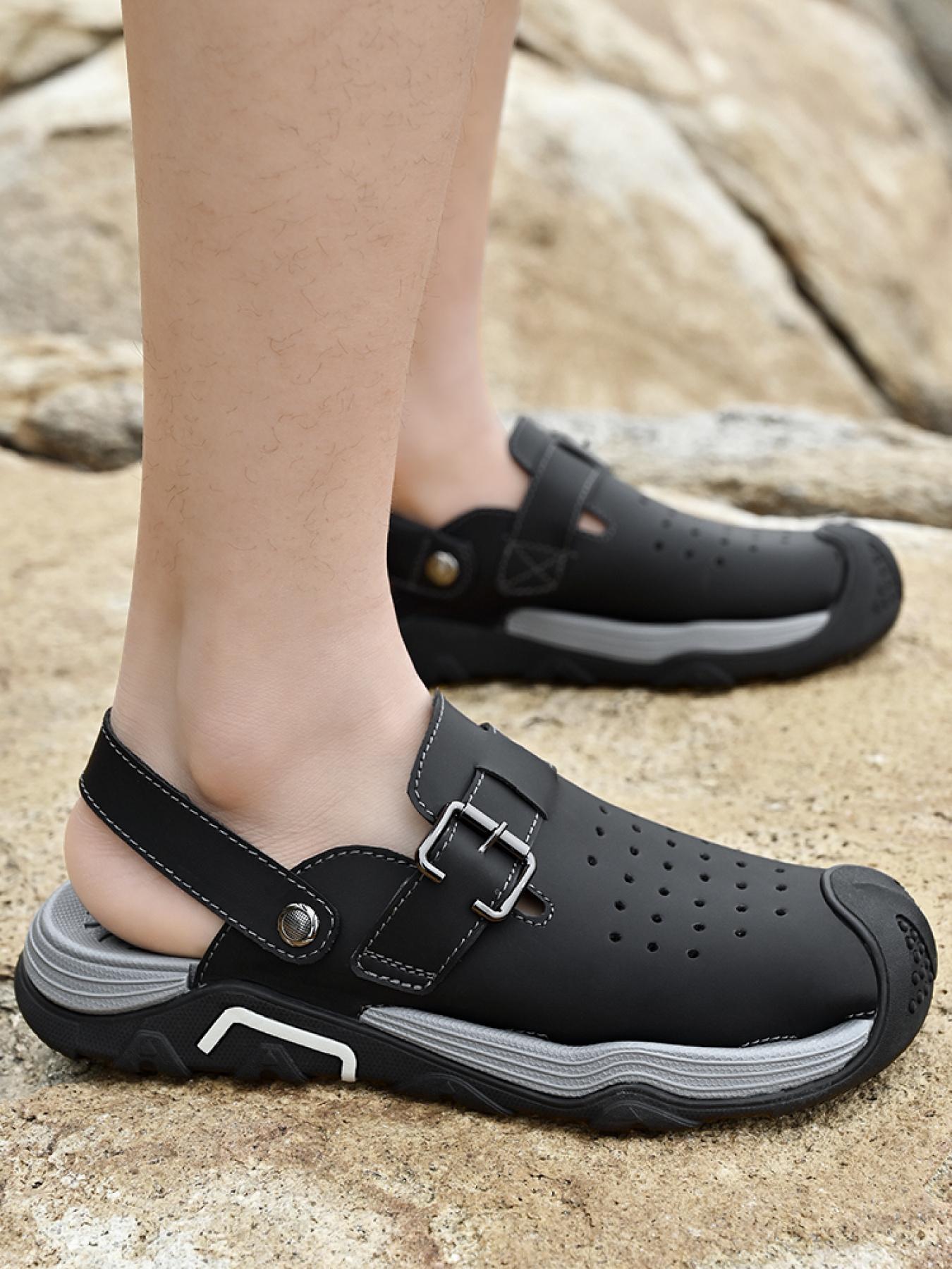 Men's Solid Color Dual-Wear Closed-Toe Perforated Sandals, Adjustable Velcro Non-Slip Beach Shoes, Breathable Outdoor Water-Slippers