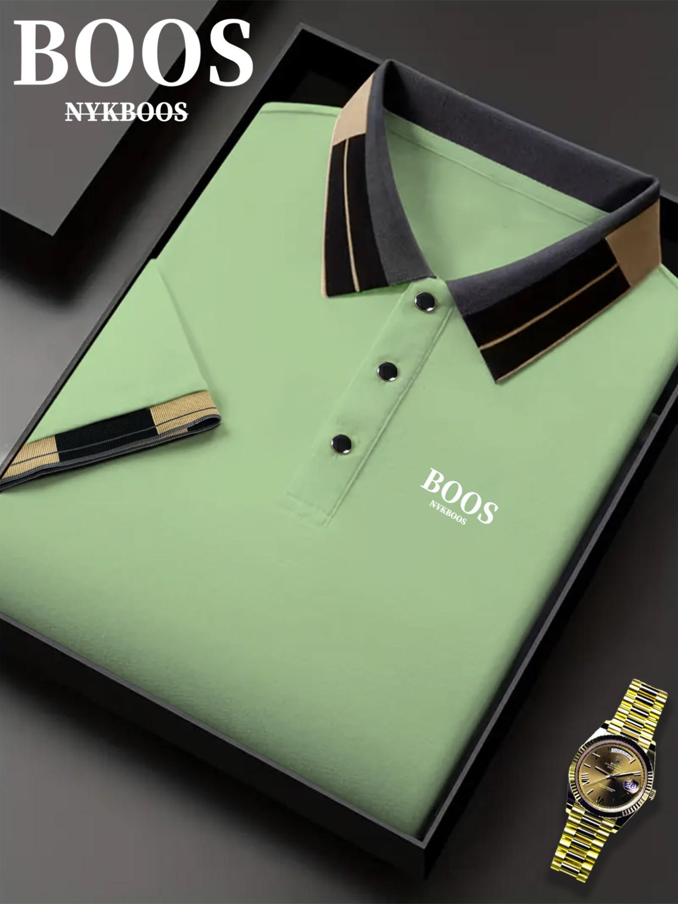 Hh3425 Fashion Boss Logo Print Men's Polo Shirt, Elastic Casual Breathable Four-Season Comfortable Durable High-End Polo Top